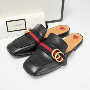 GQ0874○イタリア製*GUCCI グッチ*レザースリッパ*GGマーモント/ウェブライン*サンダル*36（23.5cm相当)*靴*ブラック系