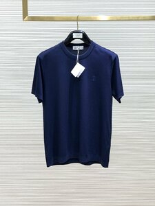 BRUNELLO CUCINELLI(ブルネロ クチネリ) メンズT-シャツ 半袖 綿 ネイビー 48サイズ トップス カットソー クルーネック カノコ 刺繍ロゴ