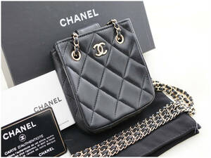 1円 新品同様 CHANEL マトラッセ ラムスキン シャネル ミニ ポシェット クラッチ チェーンショルダー ブラック 箱 保存袋 シリアル Gカード