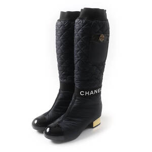 美品★CHANEL シャネル G38428 21K ココマーク金具付 ロゴデザイン パテントレザー使い キルティング レザー 2way ロングブーツ 黒 37