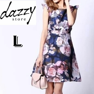 dazzy store デイジーストア　花柄・フラワープリント　ワンピース　Aラインドレス　紺・ネイビー×ピンク　Lサイズ　ナイトドレス　膝丈