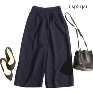 美品 インディヴィ INDIVI 株) ワールド 春 夏 シンプル ポリエステル ゆったり スーツ ワイド パンツ 11号 40 ネイビー 紺 ウエストゴム