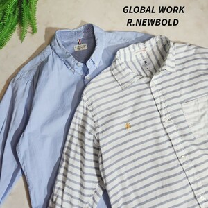 M二枚セット GLOBAL WORK 七分袖シャツ ライトブルー R.NEWBOLD ボーダー柄・六分袖シャツ 83309