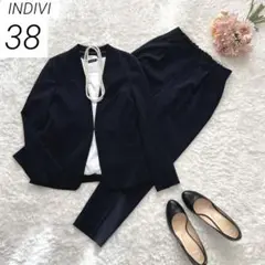 【洗える】 INDIVI　パンツスーツ　セットアップ　ノーカラー　濃紺　38