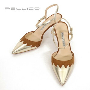 【定価6.0万・新品・37.5】PELLICO（ペリーコ）3992 CORA 65SC アンクルストラップポインテッドトゥパンプス 6.5cm ゴールド×ブラウン 073