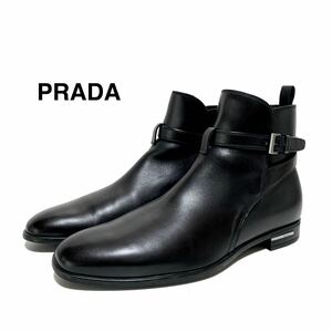 ☆美品 PRADA プラダ ストラップ レザー ショートブーツ 黒 サイズ 7 イタリア製 ジョッパーブーツ 革靴 アンクルブーツ サイドゴアブーツ