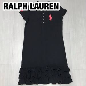 RALPH LAUREN ラルフローレン ポロシャツワンピース フリル ブラック ビッグポニー ワッペン 刺繍ポニー 膝丈