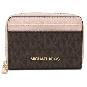 新品未使用! マイケルコース ZIPミニウォレット MKシグネチャー柄 ブラウン/ピンク 財布 コインケース MICHAEL KORS