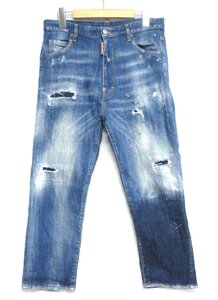 美品 19SS DSQUARED2 ディースクエアード Dennis Jean クラッシュ×ペイント加工 クロップド デニムパンツ ジーンズ 38 インディゴブルー