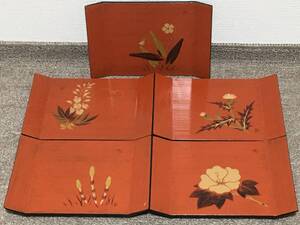 角上銘々皿　5種類の花の絵　漆塗　漆器　作家物