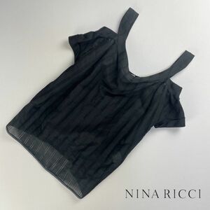 美品 NINA RICCI ニナリッチ リネンコットン オフショルダー レース半袖ブラウスカットソー トップス レディース 黒 サイズM*EC383