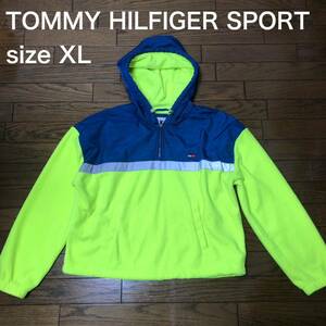 【送料無料】TOMMY HILFIGER SPORTショート丈アノラック　ナイロン切り返しフリースパーカー　ネイビー×蛍光イエロー　メンズXLサイズ