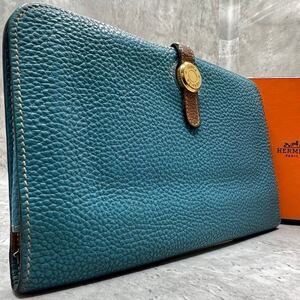 【極美品】エルメス HERMES ドゴンGM 長財布 二つ折り 小銭入れ ゴールド ブルー ゴールド金具 レディース メンズ □I刻印 2005年