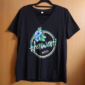 レディースTシャツ・Vネック☆ハワイアン柄・ハイビスカス☆フラダンス☆Sサイズ/1185