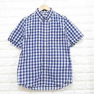 【ヘリーハンセン】ポリ×綿◆ギンガムチェック 半袖B.D.シャツ(青×白)◆Sサイズ