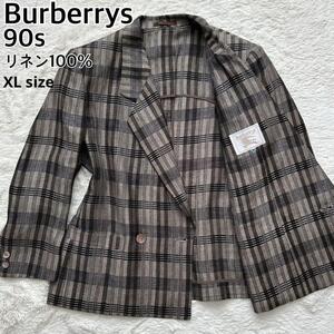 【美品　リネン100％】BURBERRY バーバリー　90s　ヴィンテージ テーラードジャケット　レディース　白タグ　チェック　大きいサイズ　XL