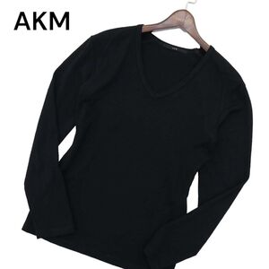 AKM エイケイエム 秋冬★ 長袖 スリム Vネック ニット セーター カットソー Sz.S位　メンズ 黒　A4T07430_6#K