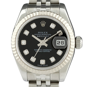 ロレックス ROLEX デイトジャスト 10Pダイヤ 179174G 腕時計 SS WG ダイヤモンド 自動巻き ブラック レディース 【中古】