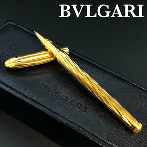 美品 BVLGARI ブルガリ ゴールド ボールペン インク替え済 ロゴ入り ケース付 インク青/ブルー 正規品 本物保証 最落無