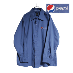 ARAMARK 長袖ワークシャツ size XL オーバーサイズ ブルー ゆうパケットポスト可 胸 ロゴ 刺繍 pepsi 古着 洗濯 プレス済 977