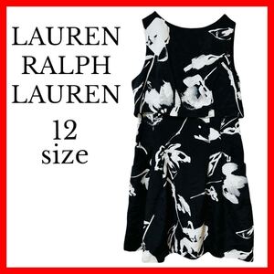 【LAUREN RALPH LAUREN】12サイズ XLサイズ相当 ブラック モノトーン 花柄 ノースリーブ ワンピース 上品 デザイン レイヤード風 おしゃれ