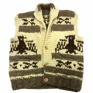 ■カウチンベスト イーグル柄 HAND KNIT カナダ製 インディアン柄ウッドボタン 冬物 メンズ 1円スタート