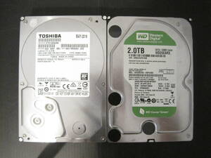 ◆送料無料！２TB まとめて２個　(合計４TB）3.5インチ HDD　SATA・ Western Digital Green, TOSHIBA フォーマット済み　匿名配送 ◇◆