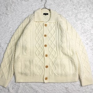 【1円〜】未使用品 BEAMS HEART ビームスハート カーディガン ケーブルニット ワッフル リブ ホワイト ウッドボタン Lサイズ ウール メンズ