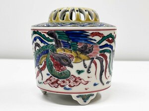 九谷焼 角福 香炉 ３つ足 角福印 陶器 色絵 鳳凰 ほうおう 鳥 花 茶道具 古美術