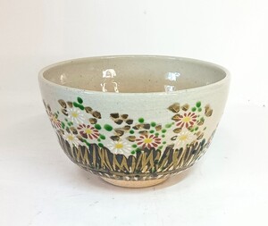 初だし品 抹茶碗　美峰 造　色絵/金彩　菊　 茶道具 茶器　合紙箱　★広島発送★(岡山発送品同梱不可)