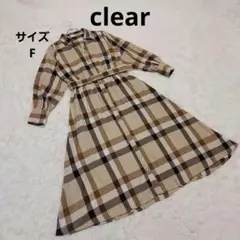 clear Vネックシャツワンピース F ロング丈 チェック ベージュ Aライン