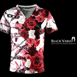 9#bv03-re BLACK VARIA プレミアム バラ花柄 薔薇 太チェーン Vネック 半袖Tシャツ メンズ(レッド赤) LL 日本製 吸水速乾＆2wayストレッチ