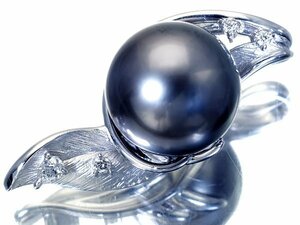 【ジュエリー極】美しいシルバーブラック色 南洋ブラックパール13.5mm＆ダイヤ0.13ct 高級K18WGペンダント h5528km【送料無料】