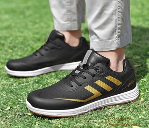 新品セール◆ゴルフシューズ Golf shoes メンズ スニーカー 運動靴スポーツシューズ 紳士 グラデーション幅広 防滑 撥水 耐磨 黒/金 23.0cm