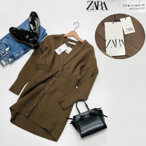 未使用品 /M/ ZARA ブラウン リブカーディガン レディース タグ カジュアル アウター 通勤 羽織り フェミニン 大人可愛い茶 デイリー ザラ