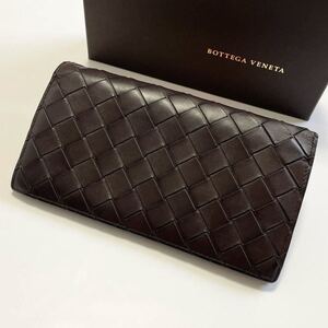 ★BOTTEGA VENETA ボッテガヴェネタ イントレチャート 二つ折り 長財布 レザー ダークブラウン×レッド メンズ 男性【鑑定済み 本物保証】