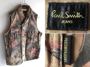 Paul Smith JEANS ポールスミス ジーンズ ロゴ釦 花柄/フラワープリント コットンツイル ハンティングベスト M カーキベージュ