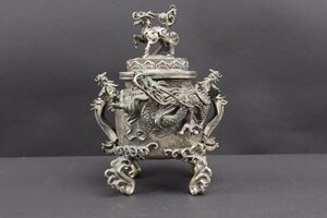 【珍品堂】1円から　高岡銅器　須賀月芳作　龍鳳刻　洋銀刻印有　香炉　金工芸　茶道具　美品　古美術　骨董品　高約20.3ｃｍ　重量1797ｇ