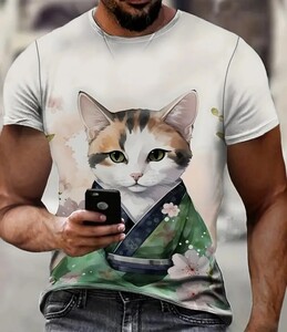 ★メンズファッション HD 猫着物をプリントした3DグラフィックTシャツ - カジュアルクルーネック ポリエステル混紡 わずかにストレッチ性