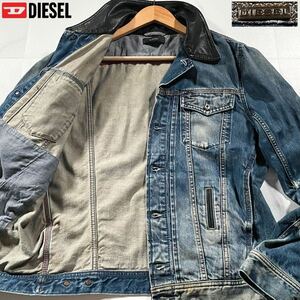 極美品/Lサイズ●DIESEL ディーゼル 牛革切替 デニムジャケット ジージャン ブルゾン インディゴ カーフレザー襟 ロゴ金具 刻印ボタン