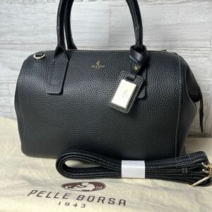 新品未使用 ペレボルサ PELLE BORSA 2way ハンドバッグ ショルダーバッグ ボストン レザー 本革 黒 ブラック 保存袋付き 斜め掛け 肩掛け