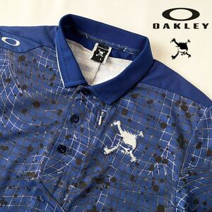 (美品) オークリー スカル OAKLEY SKULL 吸汗速乾 ポロシャツ L ネイビー ブルー シルバー 半袖 機能性 ゴルフ シャツ