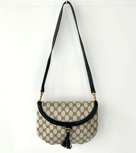 MK-035 ☆1円〜 GUCCI グッチ ヴィンテージ GG柄 PVC ショルダーバッグ ポシェット ネイビー オールド インターロッキング フリンジ レザー