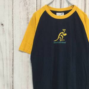 【半袖ラグランＴシャツ】ラグビーオーストラリア代表ワラビーズ公式グッズ L相当 ネイビー イエロー 古着 [240512-030]