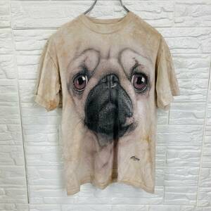 【931】THE MOUNTAIN ザマウンテン Tシャツ 犬 パグ ブルドック プリント 派手 USED　ベージュ Sサイズ コットン