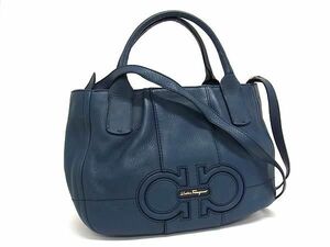 1円 ■美品■ Salvatore Ferragamo フェラガモ AB-21 D685 ダブルガンチーニ レザー 2WAY トート ショルダーバッグ ブルー系 BJ4487