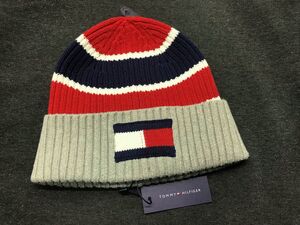 USA正規品 トミーヒルフィガー TOMMY HILFIGER 厚手 ニットキャップ ニット帽 ビーニー 綿 コットン100％ トリコロール BIGフラッグ刺繍