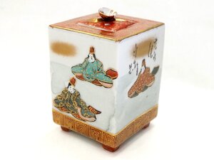 ★☆　【　九谷焼　角香炉　時代絵巻　百人一首　赤絵　金彩　5.8角×高9cm　共なし　】香炉　香道具　床置　☆★