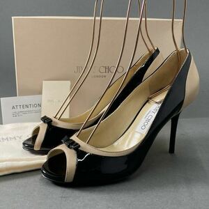 ◯ 8d21 【極美品】 JIMMY CHOO ジミーチュウ オープントゥ レザーパンプス 247AGNES 37 ブラック/ベージュ レディース 靴