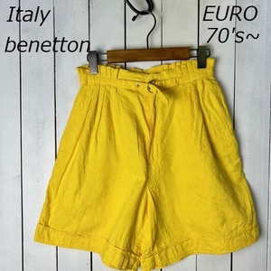 EURO古着 70s～80s イタリア製 benetton 花柄織り生地ショートパンツ 44 黄色 旧ロゴ ヴィンテージ ユーロ ベネトン ショーツ ●142